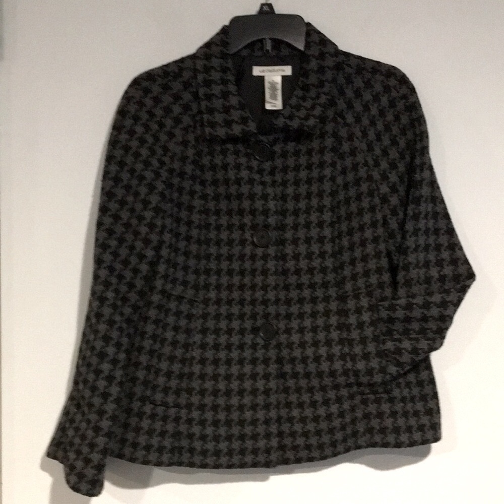 Liz Claiborne Pea Coat houndstooth pattern gray and black Size Large